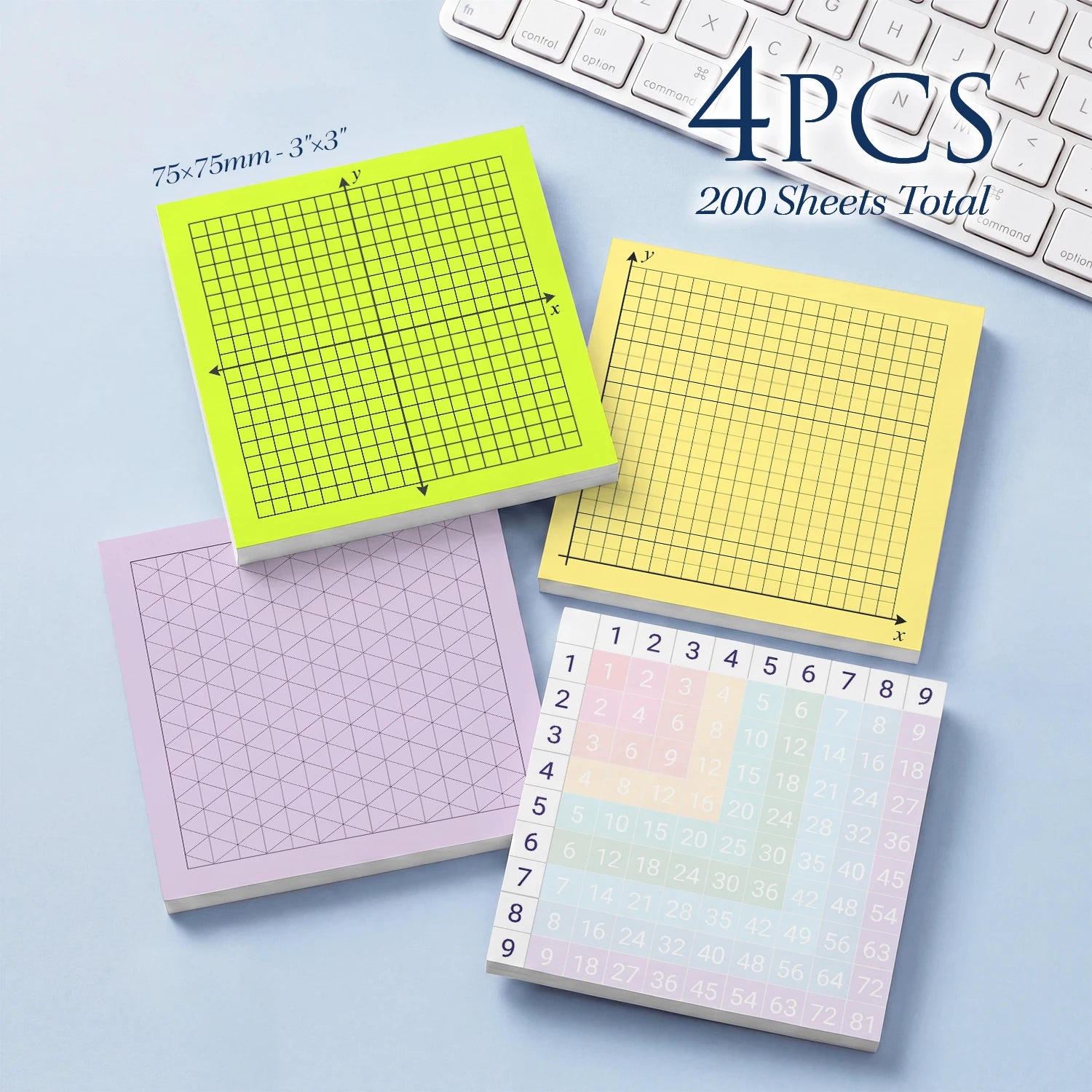 4 Pcs 200 Sheets Total Student Math Sticky Notes, Coordinate Grid Graph Paper Memo Pads, Multiplication Table Notepad