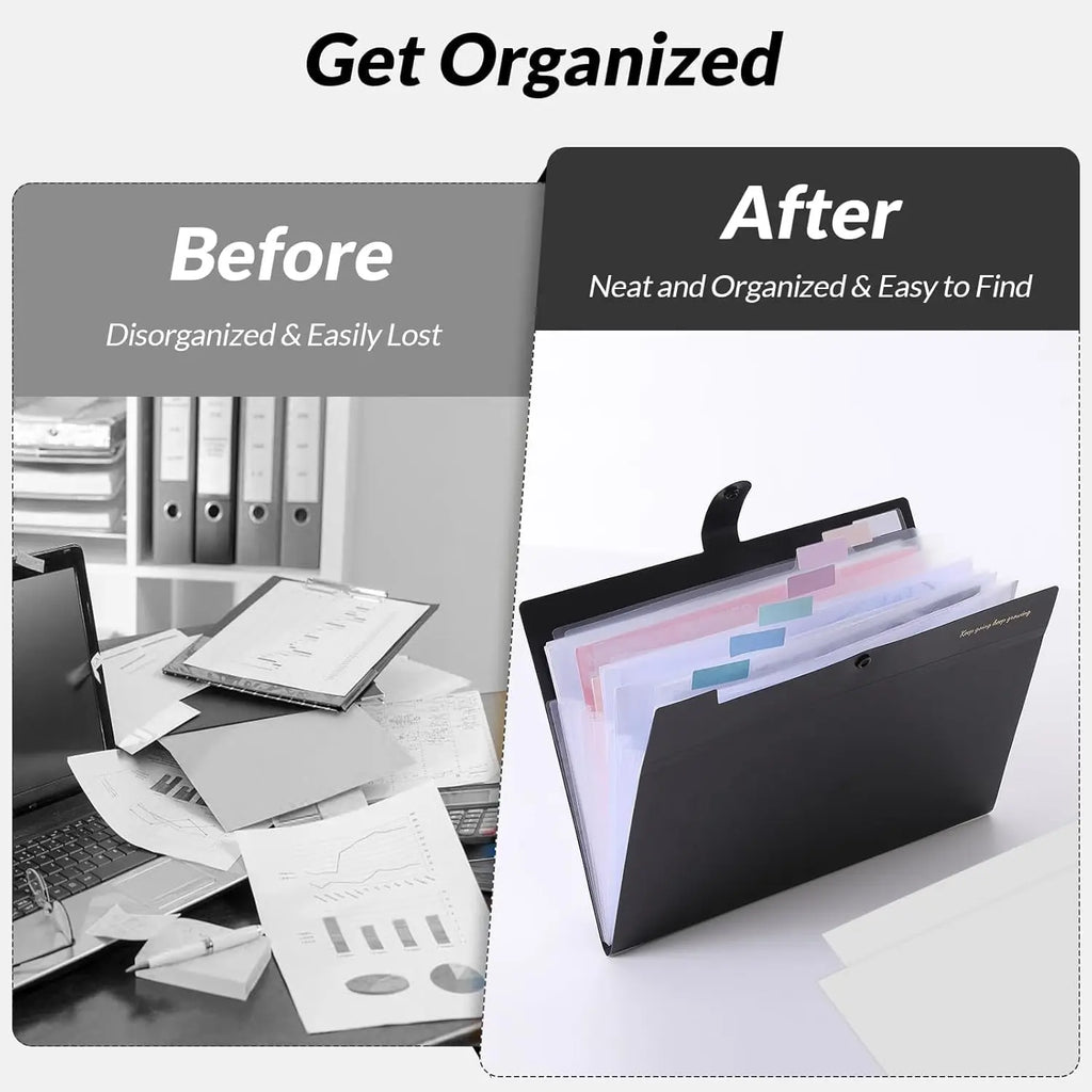 Portable Expanding File Folder Organizer with 8 Pockets for Letter A4 Documents School Office Hospital Supplies Bag Essentials Black