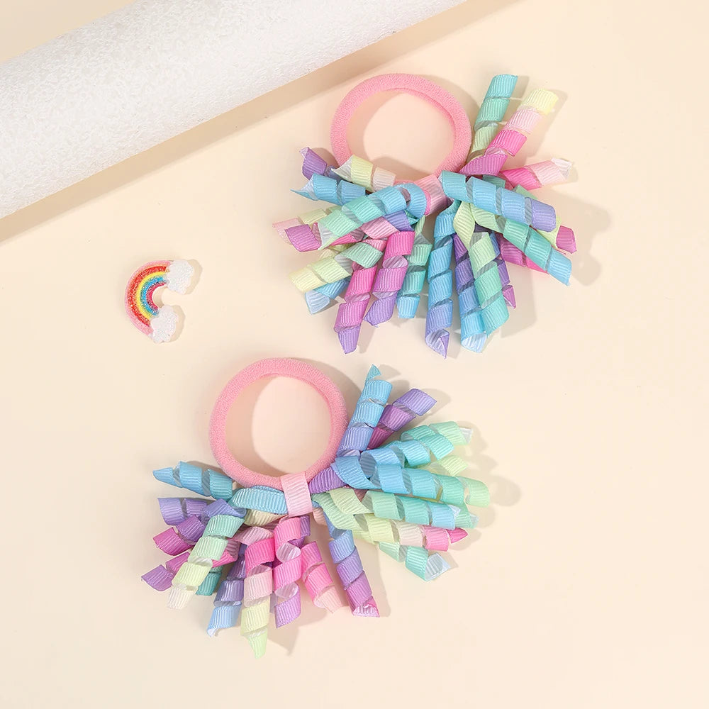 2Pcs Trendy Firework Hair Ties Rainbow Curly Ribbon Elastic Rubber Bands For Girls Kids Cute Hair Ropes Daily Hair Accessories