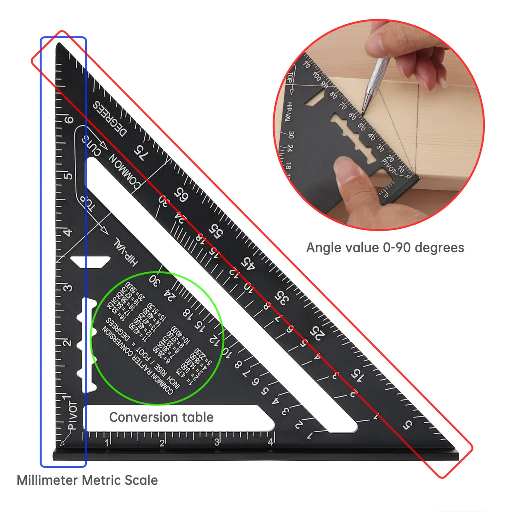 Metric & Imperial Scales Aluminum Alloy Angle Triangle Ruler 45cm T Square Acrylic Ruler Measuring Tool Set for Carpentry