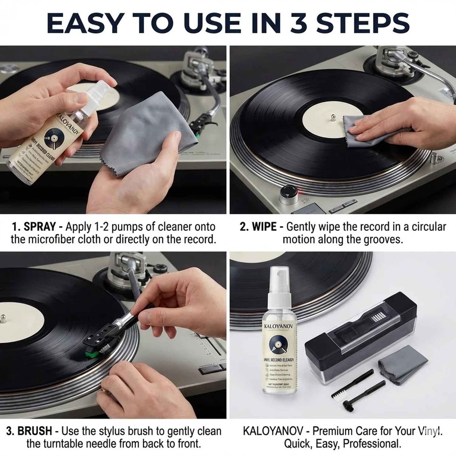 Vinyl Record Cleaner Kit Turntable LP Cleaning Brush Set Anti-Static Spray Cloth Stylus Dust Remover for Phono Gramophone