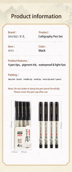 BAOKE S010 Liquid Calligraphy Pen Set 4 Tips Waterproof Pigment Ink Calligraphy Brush Pen