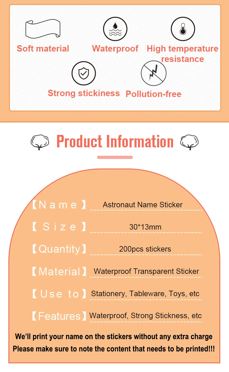 200pcs Custom Transparent Astronaut Name Sticker Waterproof Labels Hebrew Personalized First Name Tag for Children Stationery