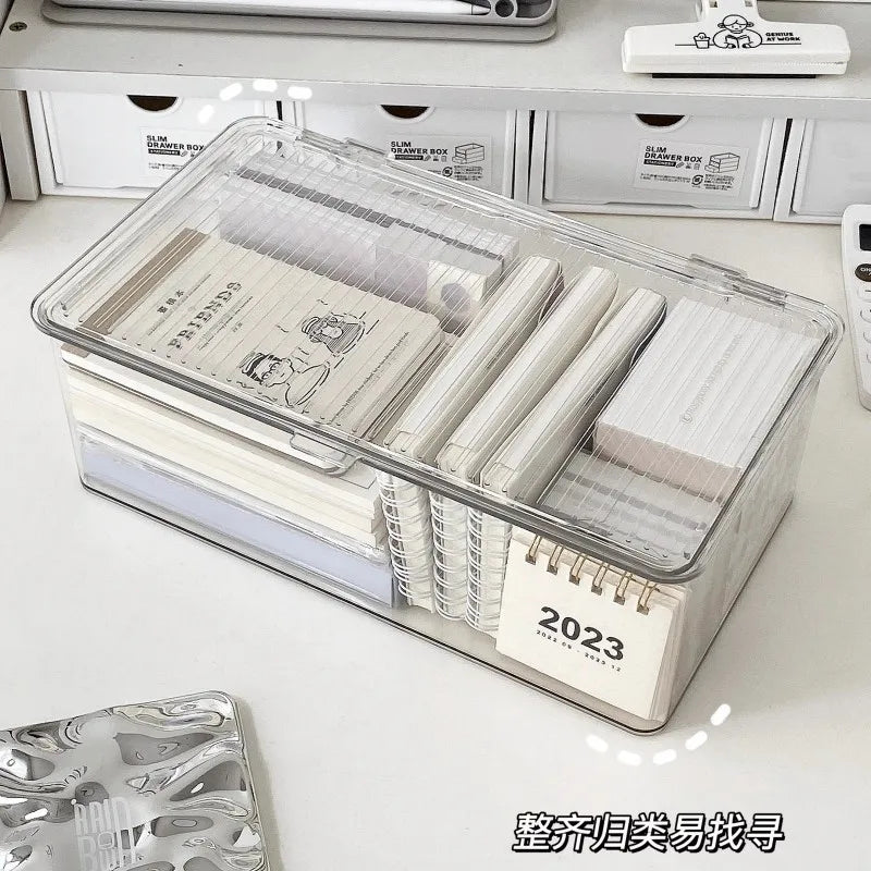 Desktop Storage Box Large Capacity with Lid Cosmetic Organizer Box Transparent Office Supplies Book Document Storage Box