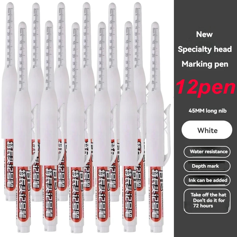 1-12 PCS 45mm Tip Waterproof Long Head Marker Pen Quick-Dry Ink for Woodworking Construction, Deep Hole White Black Red Blue