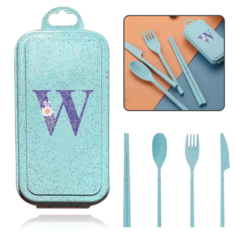 4Pcs Wheat Straw Cutlery Knife Spoon Fork Chopsticks Portable Set Plastic Detachable Dinnerware Purple Flower Letter Pattern