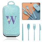 4Pcs Wheat Straw Cutlery Knife Spoon Fork Chopsticks Portable Set Plastic Detachable Dinnerware Purple Flower Letter Pattern