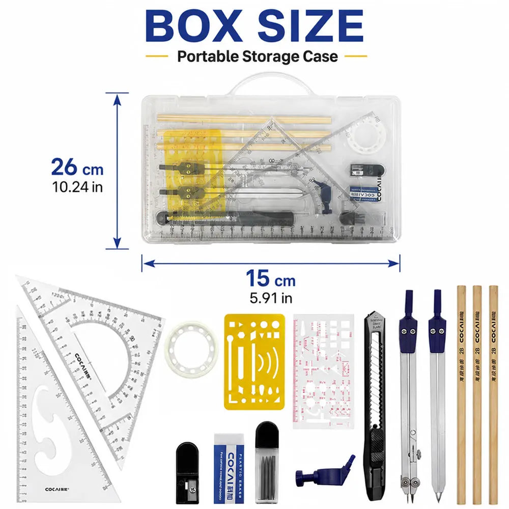 15-Piece Geometry Drawing Set with Portable Case, Dual Metal Compasses, Clear Rulers and Templates for School, Math and Drafting