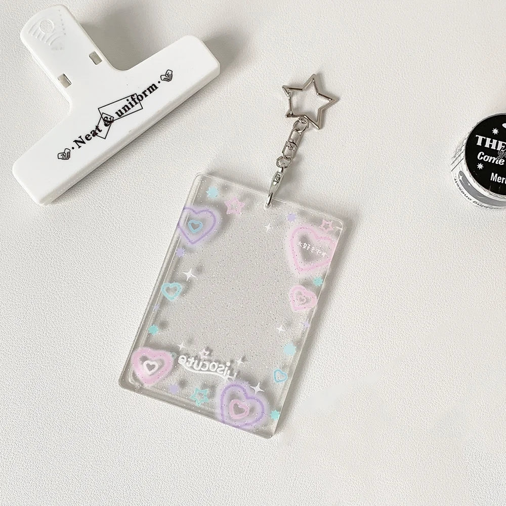 1PC Colorful Graffiti Love Glitter Card Sleeve Transparent Three-inch Mini Card Protector Key Chain Pendant Photo Holder