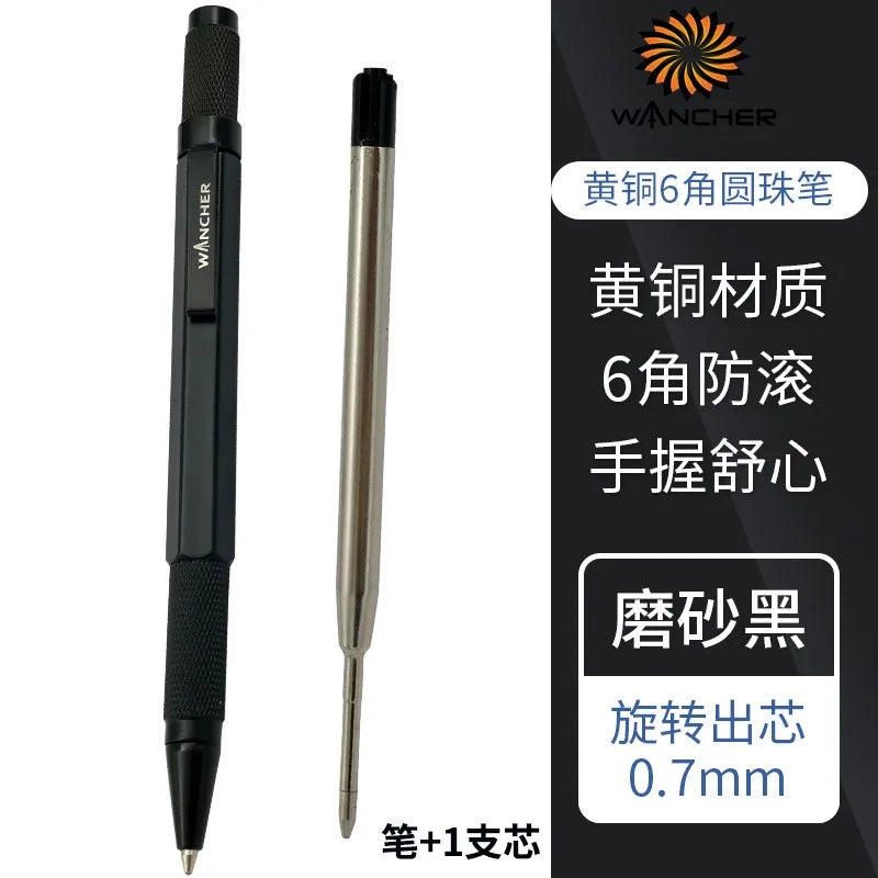 WANCHER Ballpoint Pen Original Hexagon Brass Metal Rotary Black 0.5mm Refill Replaceable W1558 Office School Stationery