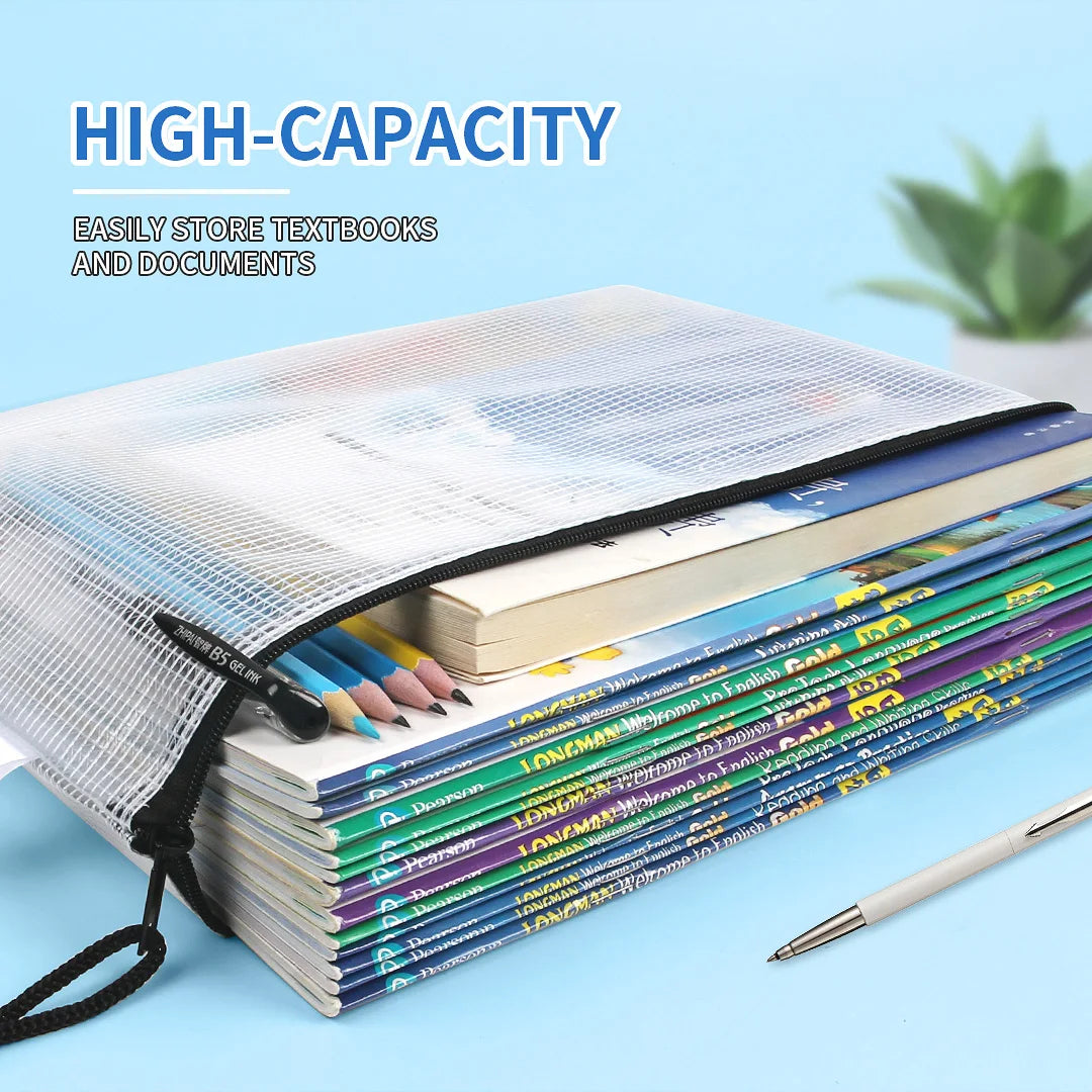 12-Piece Plastic Mesh Zip File Bag, Waterproof and Tear-Resistant File Folder, Multi-Size Zip File Bag for School Office Home Tr