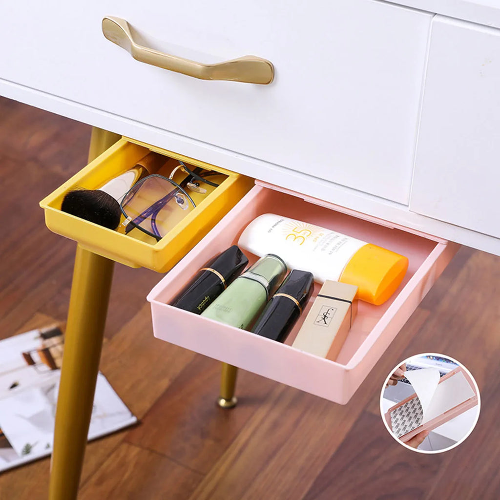 1pc White SelfAdhesive Storage Drawer Box Makeup Pencil Tray Desk Hidden Under Desk Stand Self-adhesive Under-drawer Storage Box