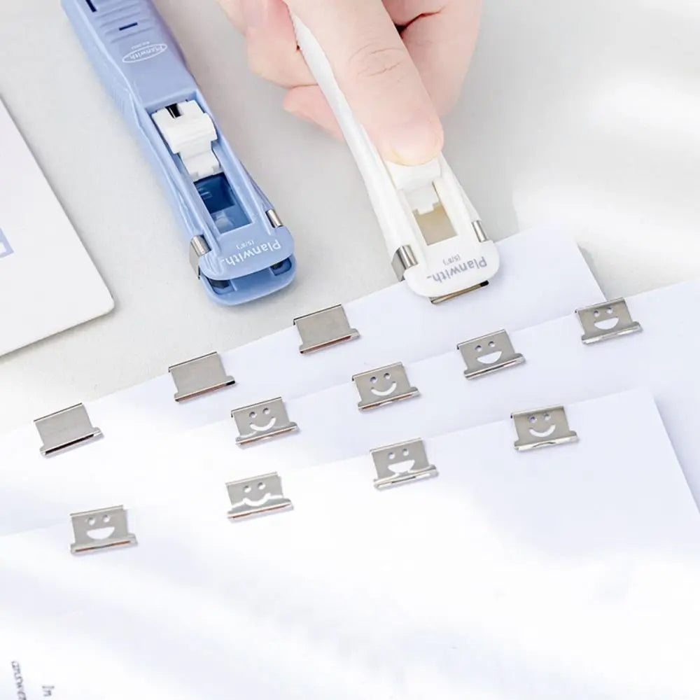 Smile Design Push Paper Clip New Plastics Mini Binder File Stapler Reusable Pusher Set School
