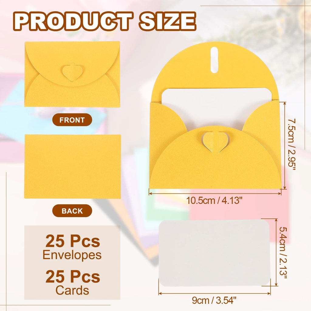 25Sets Mini Envelopes with Heart Clasp 9x5.4cm Blank Note Cards with 10.5x7.5cm Envelopes for Gift Wedding Invitation Graduation