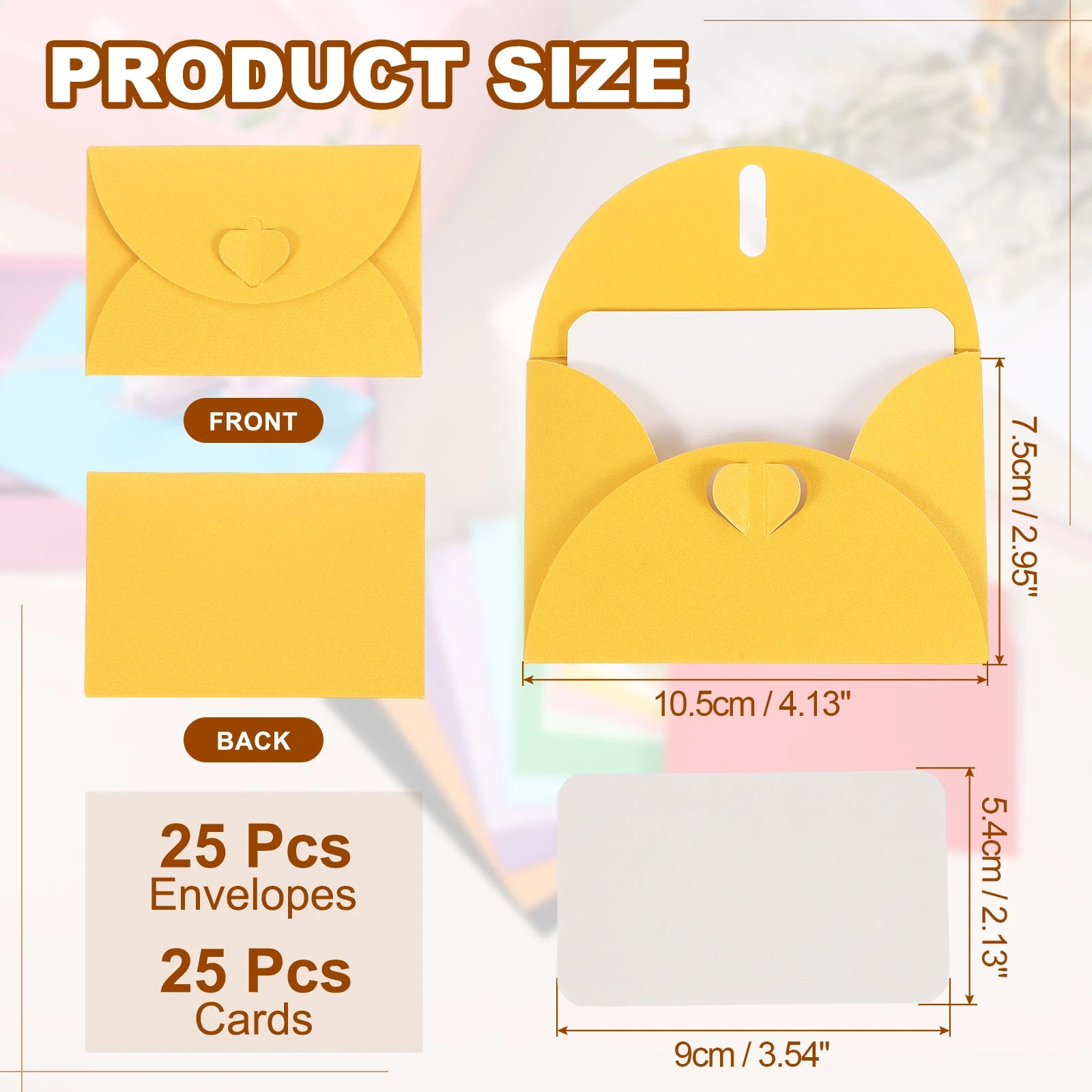 25Sets Mini Envelopes with Heart Clasp 9x5.4cm Blank Note Cards with 10.5x7.5cm Envelopes for Gift Wedding Invitation Graduation