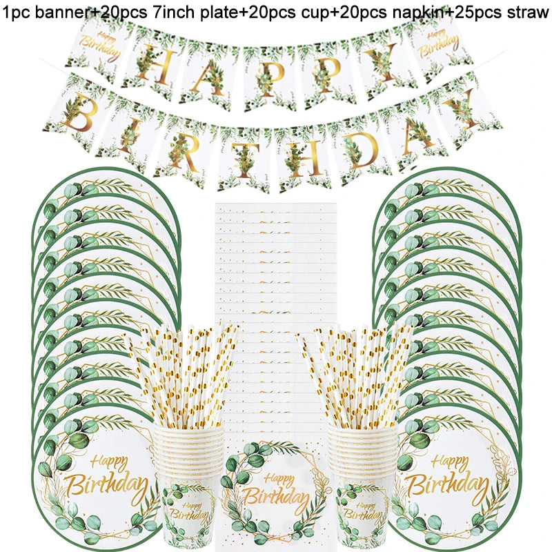 Green Eucalyptus Leaf Disposable Tableware Paper Plate Cup Napkin Banner Kids Adult Happy Birthday Birthday Party Decor Supplies