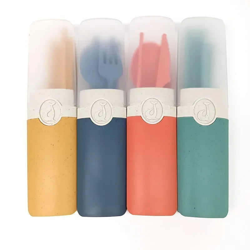 Portable Reusable Spoon Fork Travel Picnic Chopsticks Wheat Straw Tableware Cutlery Set With Carrying Box For Student Office