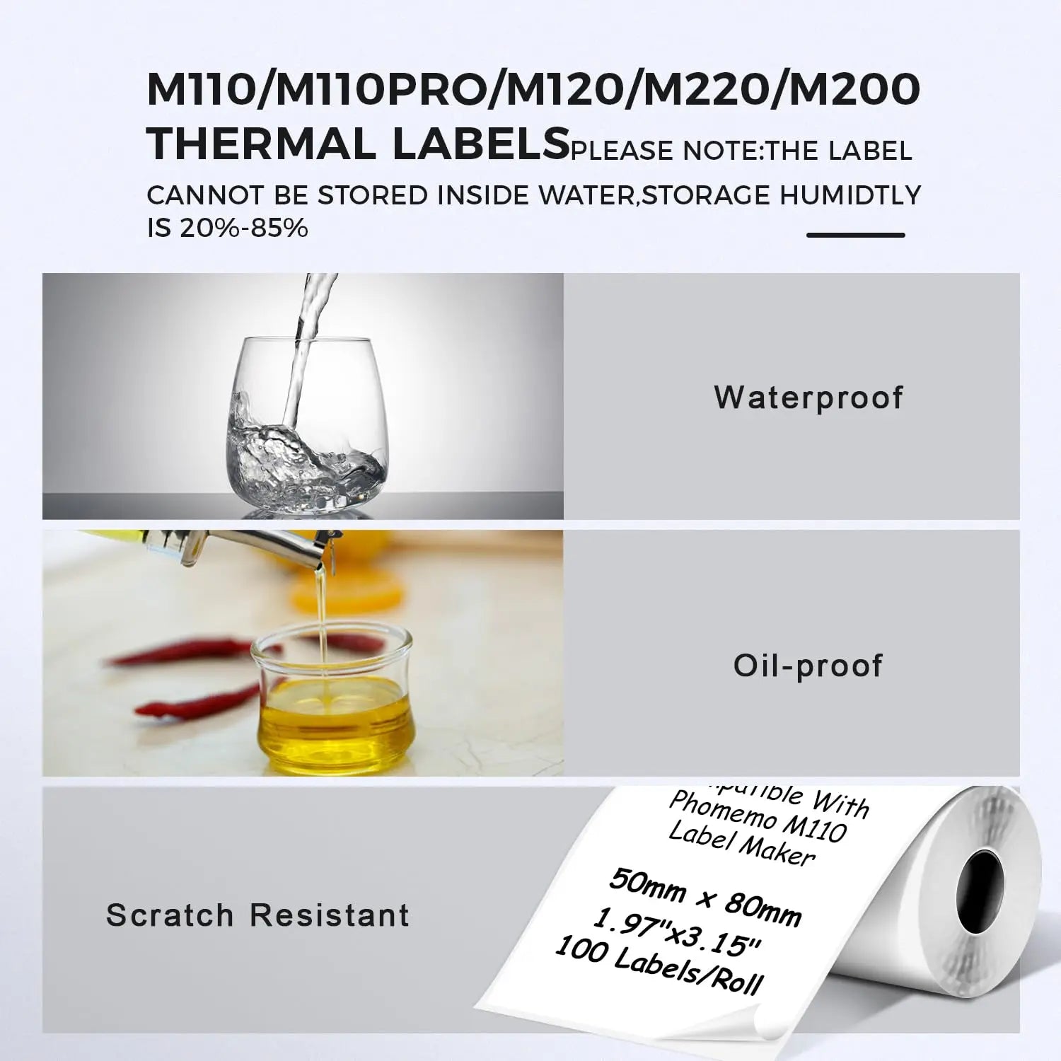 50x80mm Thermal Adhesive Labels, Direct Thermal Sticker Paper Compatible with M110/M220, for Shipping, Supermarket Price Tags