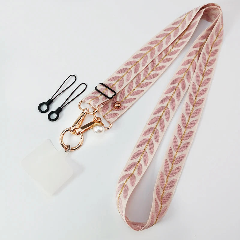 Adjustable Crossbody Long Mobile Phone Lanyard Wide Cloth Neckband Strap Rope Women's Pearl Hanging Ornaments Anti-Lost Lanyard
