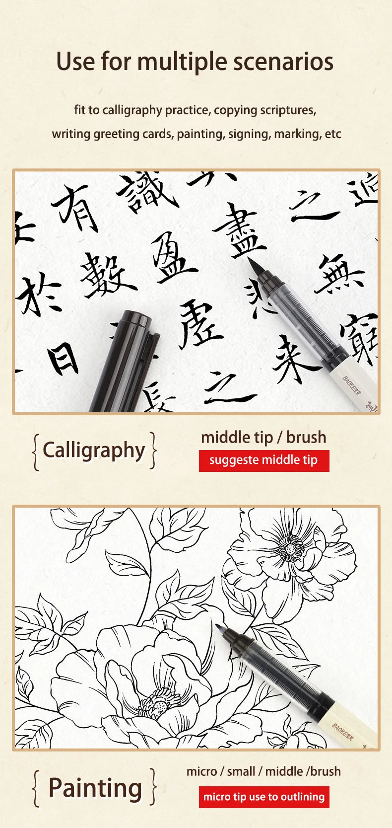 BAOKE S010 Liquid Calligraphy Pen Set 4 Tips Waterproof Pigment Ink Calligraphy Brush Pen