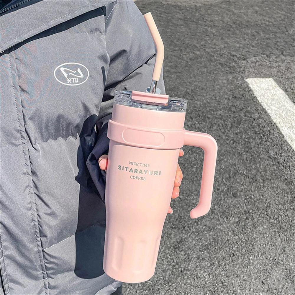 1pc Stainless Steel Ice Tumbler 38.55oz Insulated Cup with Handle & Straw Keeps Cold for 24 Hrs Car Insulation Cup Coffee Water
