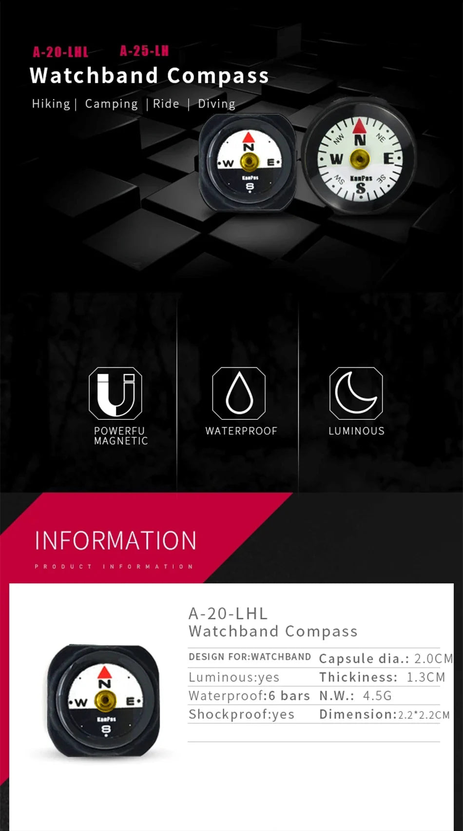 KANPAS Watch Band Compass Wrist Strap Compass Waterproof Mini Luminous  Magnetic for Outdoor,Camping,Hicking,Survival
