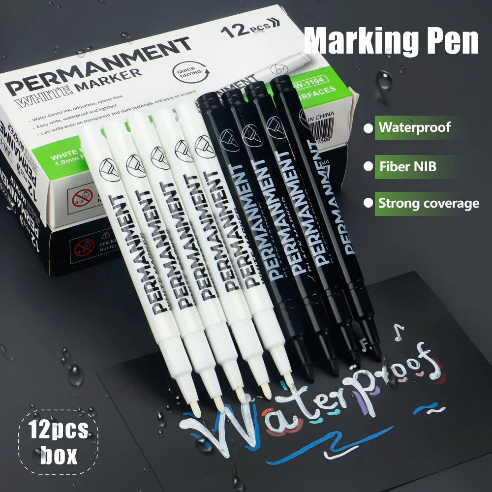 3/6/12 Pcs Waterproof Marker Pen White Black Inks  2mm Tip For Rock Painting Stone Ceramic Glass Wood Tire Fabric Metal Canvas
