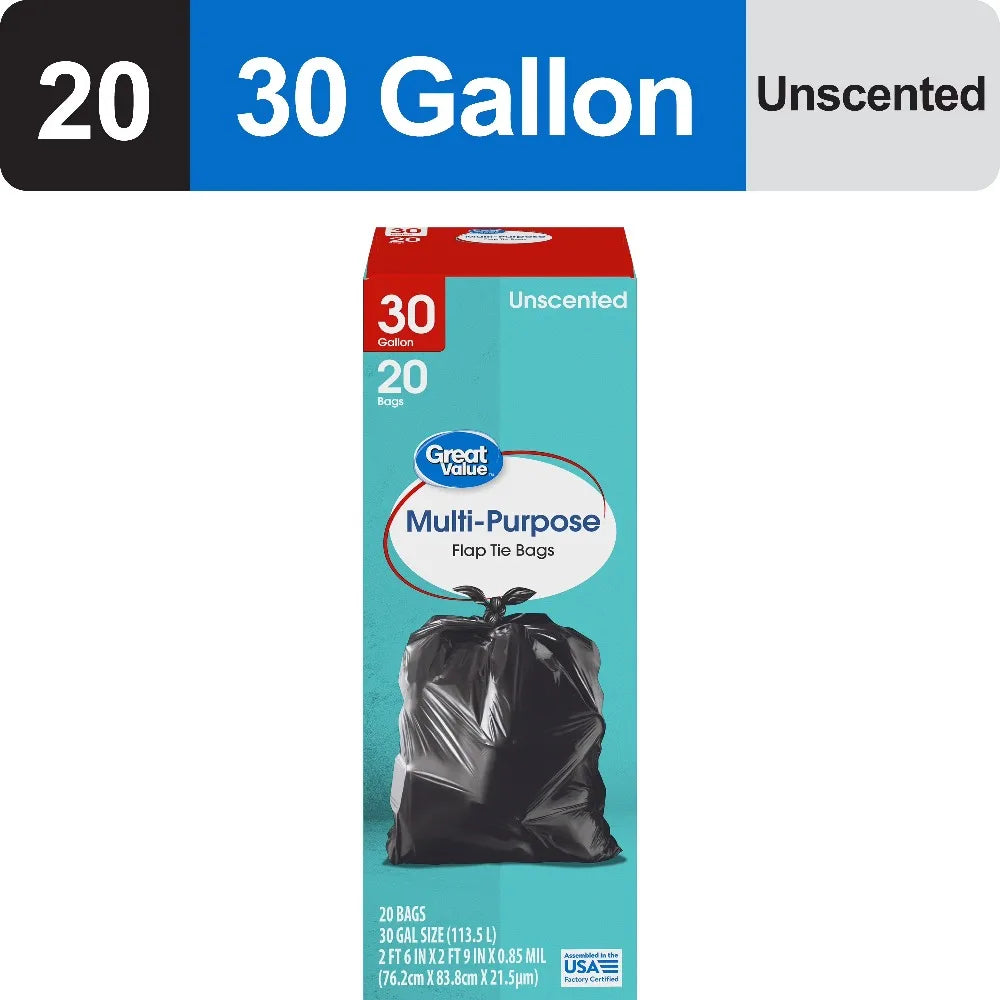 30 Gallon Large Flap Tie Trash Bags, 20 Bags for Kitchen Home Office Heavy Duty Garbage Can Liners