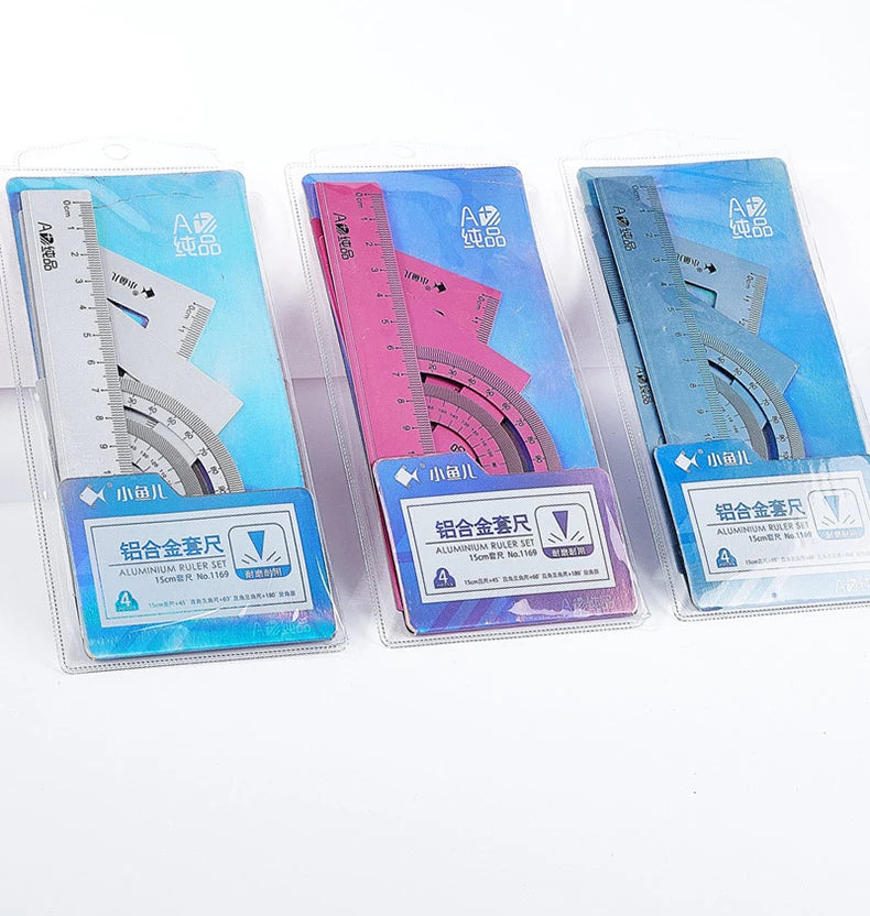 4pcs Aluminum Ruler Set,Drafting Set,With Storage Box Straight Ruler,Protractor,Students Measure Ruler Set Multi-Function Set