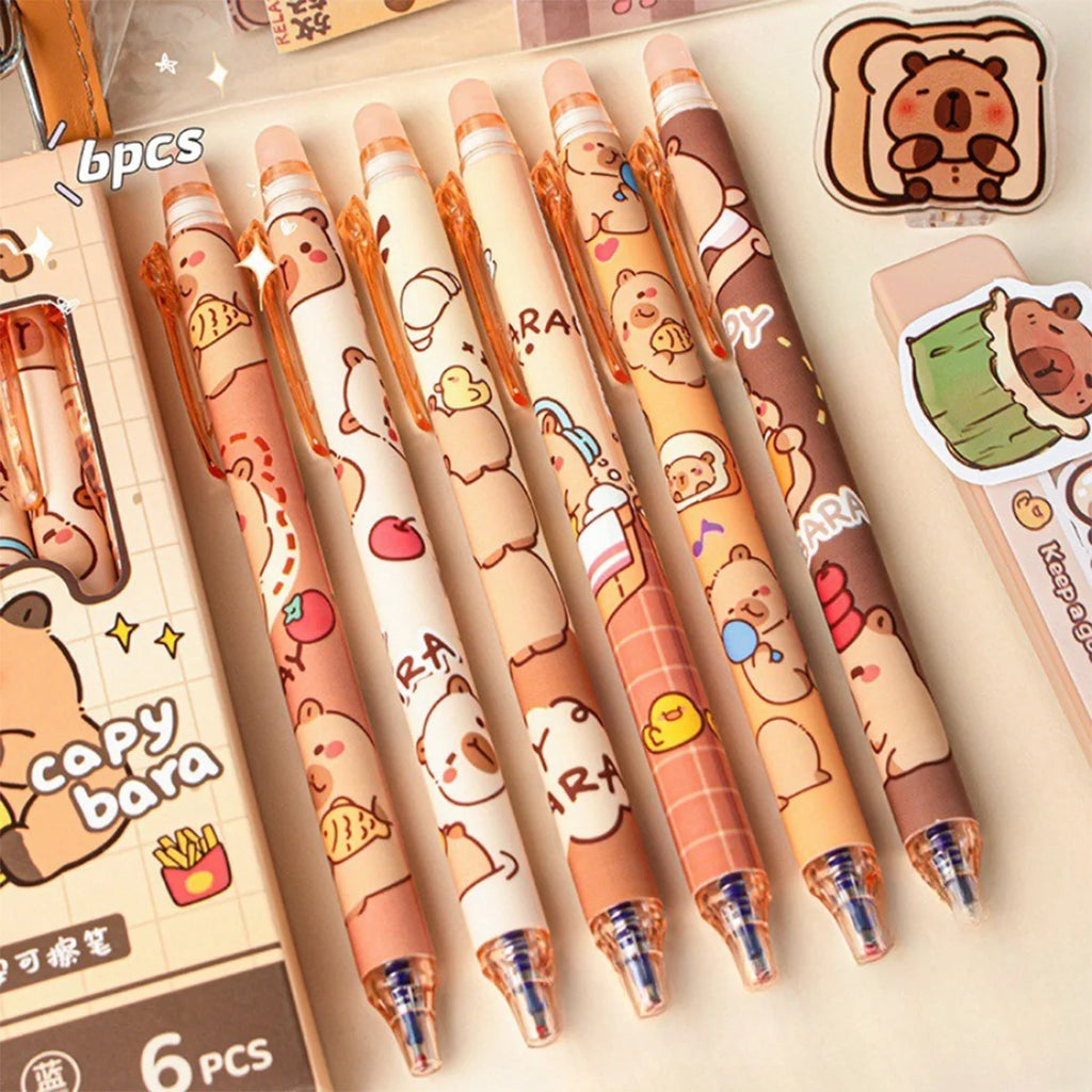 Capybara Erasable Pens 6pcs Refillable Ink Gel Pen Smudge-Free Cute Animal School Supplies for Students Office Stationery Gifts