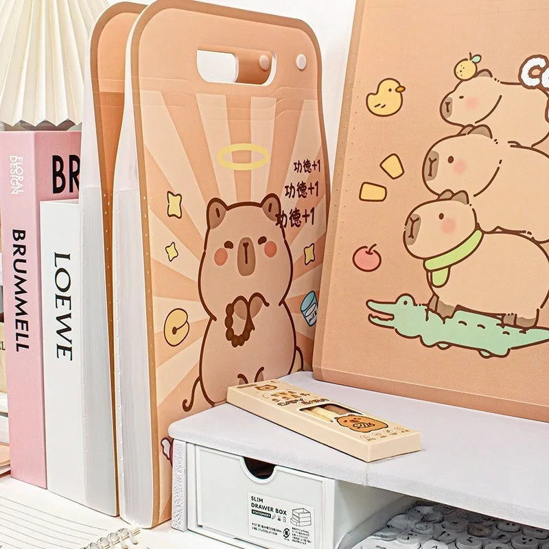Vertical Accordion File Folder with Capybara Cartoon Print, Large Capacity for Test Papers, Student Tote Bag with Handle