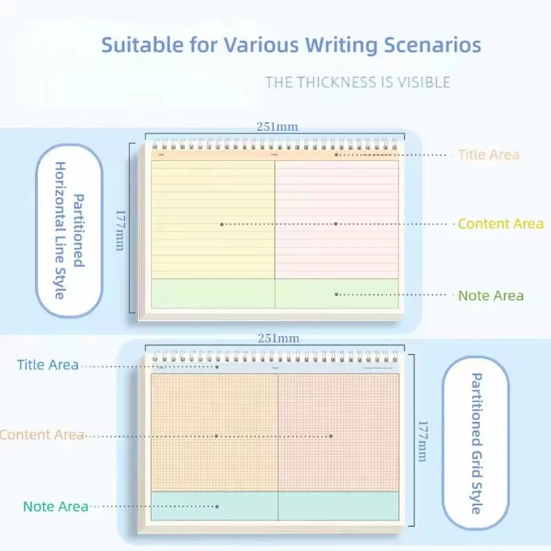 60 Sheets/120 Pages Coil Notebook Notepad Grid/Horizontal Lines Partition Design B5 Notebooks Office School Stationery Supplies