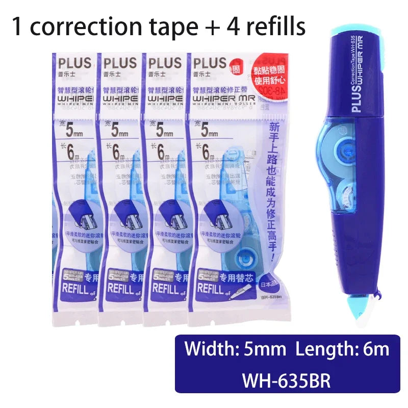Japan PLUS Correction Tape WHIPER MR Large Capacity 1Pc Correction Tape Plus 4pcs Refill Student Stationery School Supplies