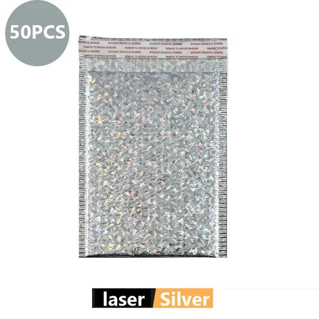50Pcs Holographic Bubble Mailer Rose Red Mailing Envelope Waterproof Courier Bag Padded Bubble Envelopes Pack Bag for Shipping