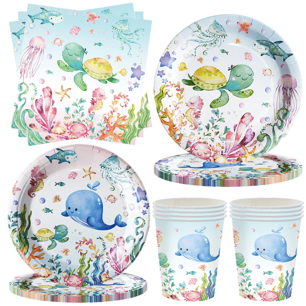 Ocean Sea Birthday Party Tableware Turtle Whale Print Plates Napkins Cups for Baby Shower Ocean Party Birthday Decorations