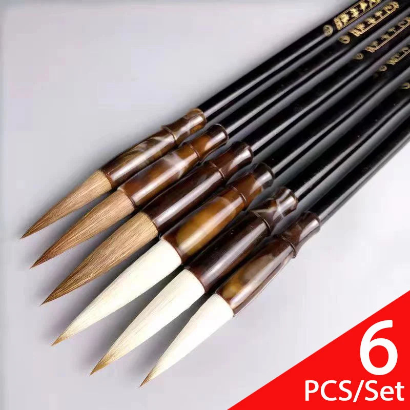 6pcs Wooden Calligraphy Brush Pen Set Different Models Chinese Painting Brush Pen Wool Weasel Hair Regular Script Writing Brush