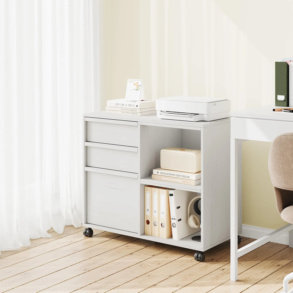 3 Drawer File Cabinet with Open Shelves, Rolling Lateral Filing Cabinet for Letter/A4, Mobile Wood Printer Stand on Wheels, Home Office Storage Organizer