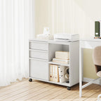 3 Drawer File Cabinet with Open Shelves, Rolling Lateral Filing Cabinet for Letter/A4, Mobile Wood Printer Stand on Wheels, Home Office Storage Organizer