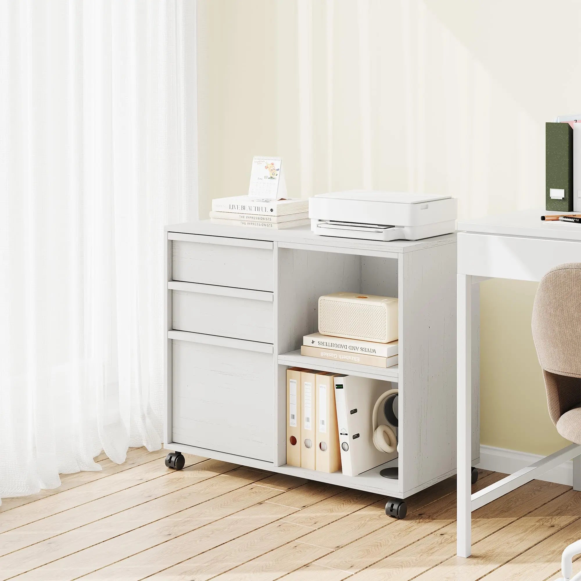 3 Drawer File Cabinet with Open Shelves, Rolling Lateral Filing Cabinet for Letter/A4, Mobile Wood Printer Stand on Wheels, Home Office Storage Organizer