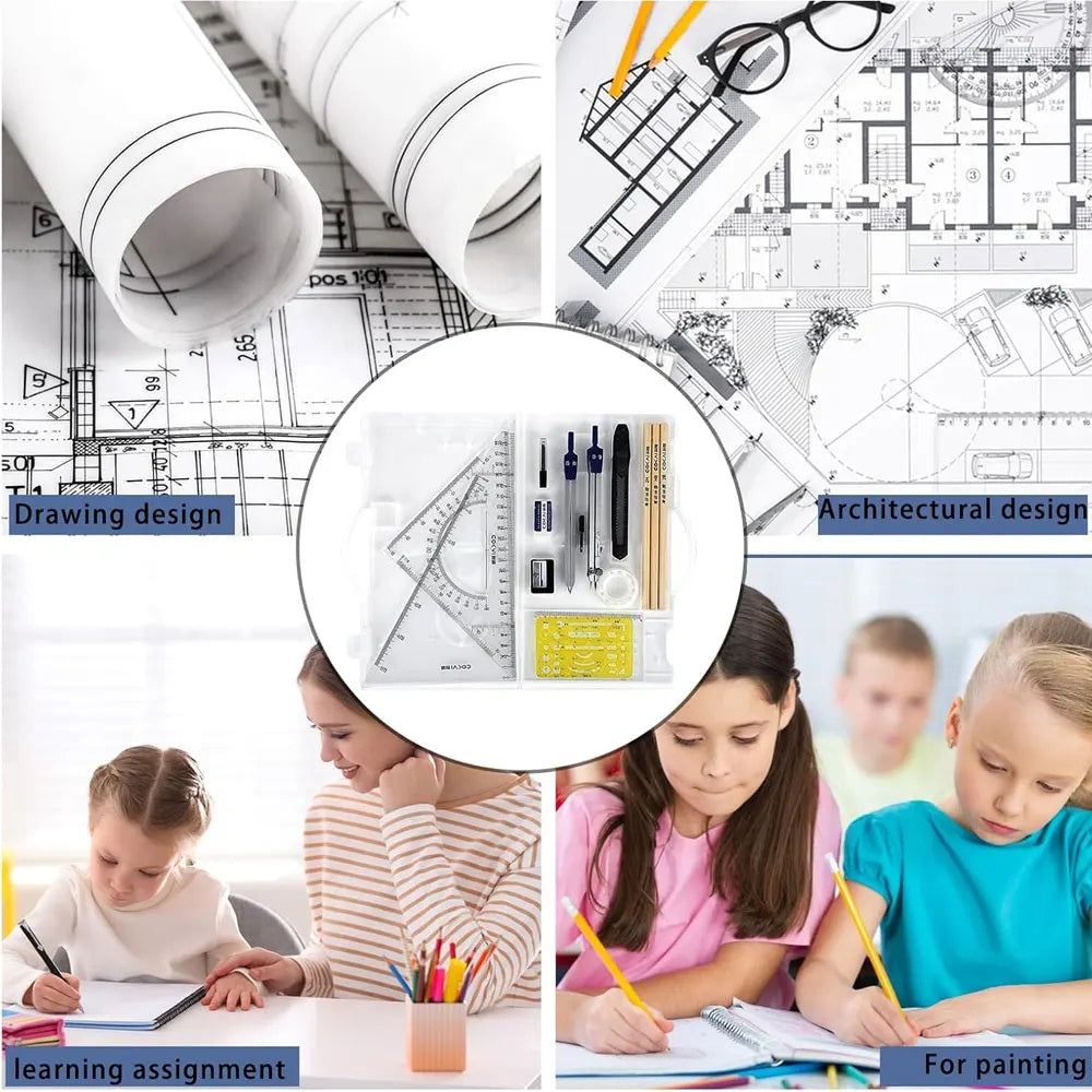 15-Piece Geometric Drawing Set – High-Quality Compass Set, Practical Math Tool Kit, Professional School Drafting Tools.