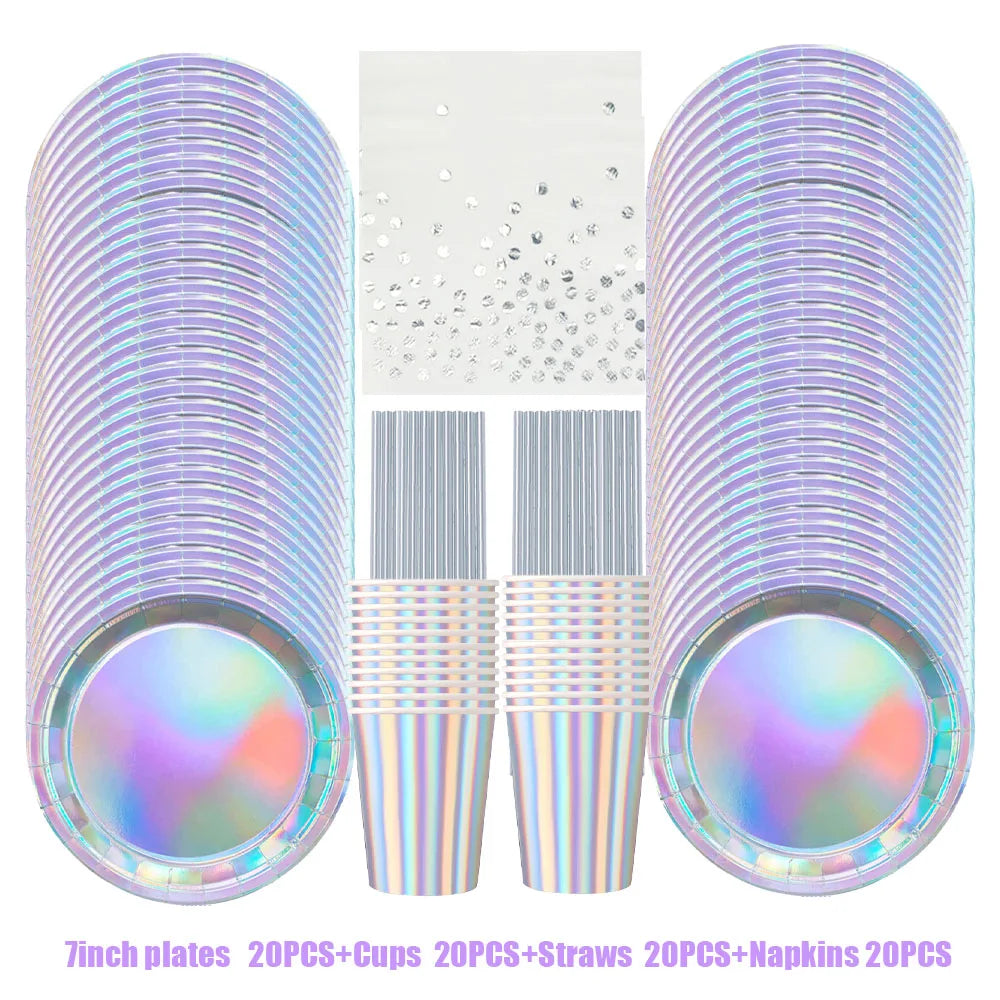 Iridescent Silver Holographic Party Tableware Set Disposable Paper Plates Cups Tablecloth for Birthday Wedding Y2K Disco Decor