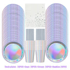 Iridescent Silver Holographic Party Tableware Set Disposable Paper Plates Cups Tablecloth for Birthday Wedding Y2K Disco Decor