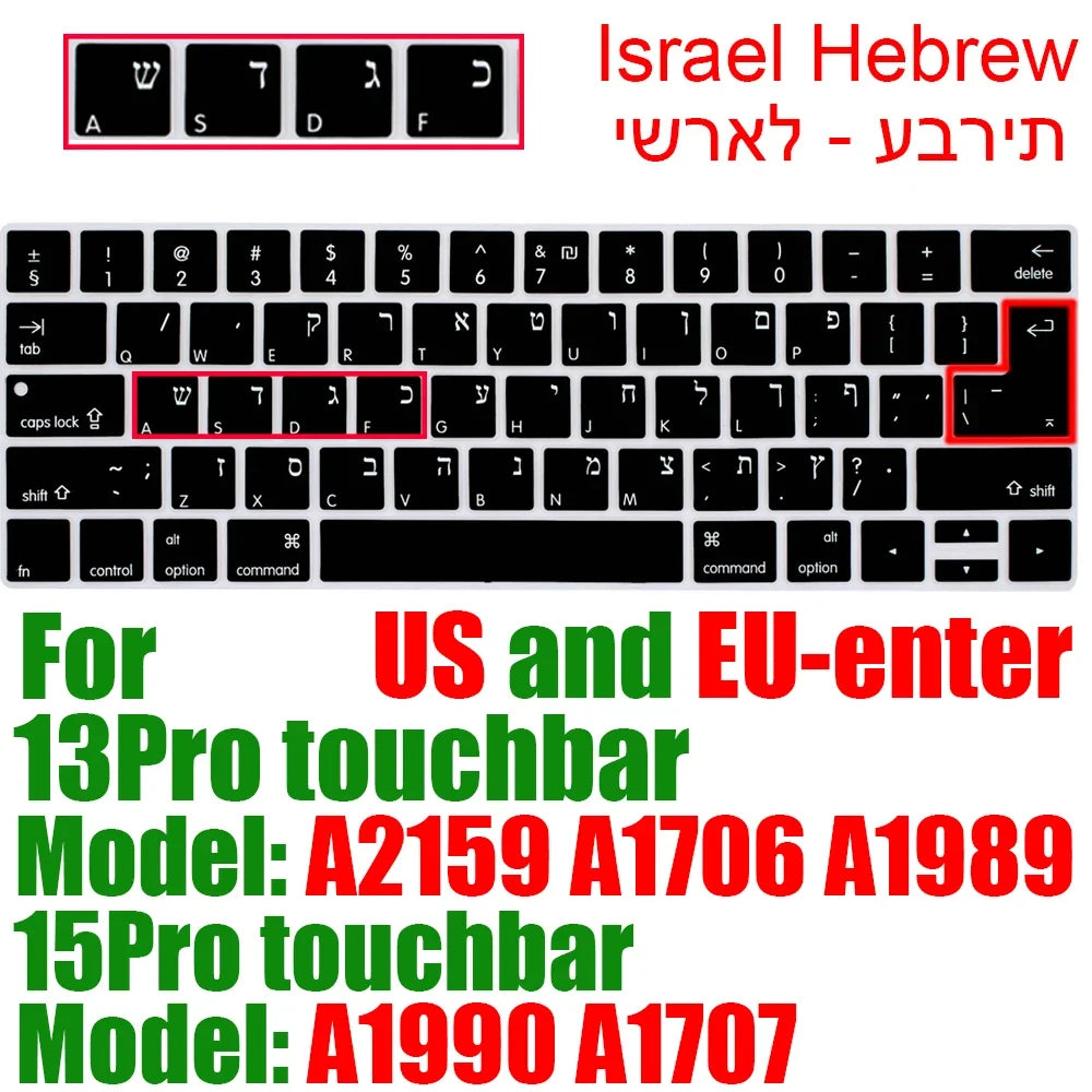 Hebrew Israel  Keyboard Cover for Macbook Pro14 A2442 Air13.6 M2 A2681 Pro13 M1 A2338 A2289 Waterproof Silicone protective film