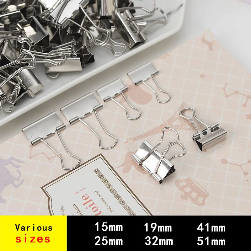 10PCS/Set Metal Paper Clip 15 19 25 32mm Foldback Metal Binder Clips Silver Grip Clamps Paper Document Office School Stationery