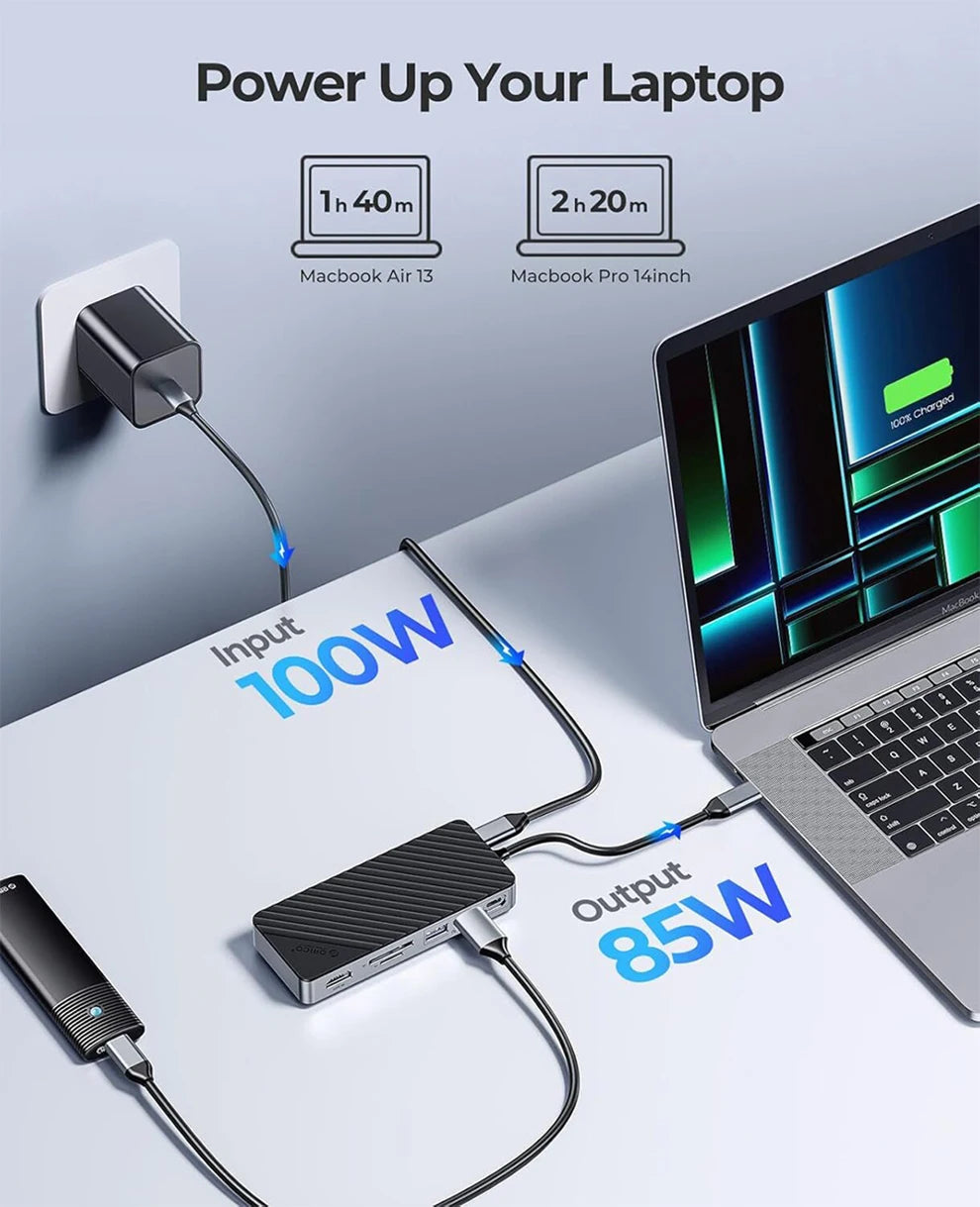 ORICO M.2 SSD Enclosure USB C Hub Splitter PD100W Extension Docking Station 10Gbps M2 NVMe SATA External Case 4K 60Hz HDMI-Com