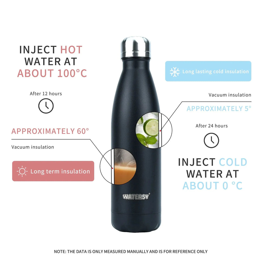 WATERSY 500ml Stainless Steel Water Bottle Insulated Vacuum Flask Double Wall Thermal Cup Keep Cold Hot Sports Kettle
