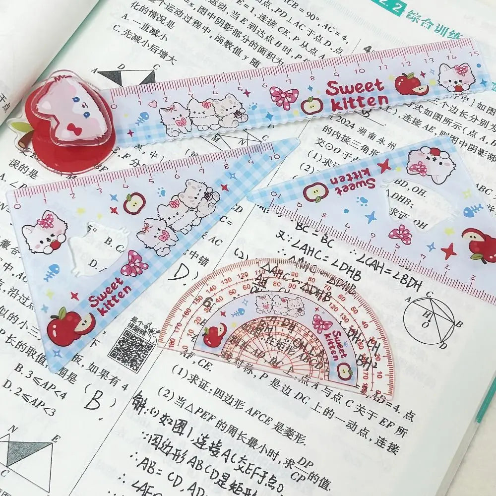 4pcs New Acrylic Ruler Set Red Kitten/Green Puppy Measurement Drawing Stationery Set Square Protractor Gift