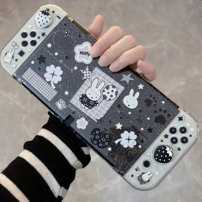 New In Stock Miffy Co-Branded Nintendo Switch OLED NS NS2 LITE Protective Case Glitter Handle Cover Transparent Black White Gift