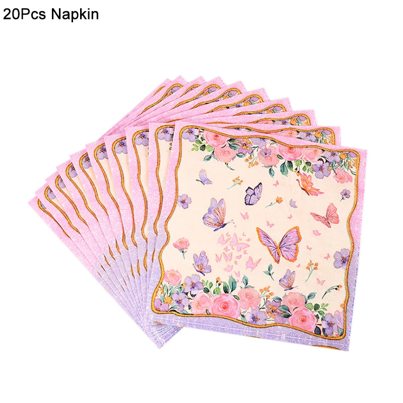 Butterfly Disposable Tableware Set Paper Plate Cup Napkins Pink Butterfly Birthday Party Decoration Baby Shower Wedding Supplies