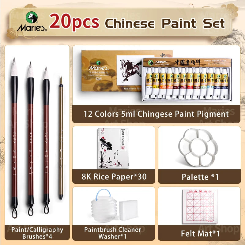 Marie's Chinese Paint Pigment Set,12/18/24/36 Colors 5ml/0.17oz Sumi Watercolor with 8pcs Art Tools for Landscape,Ink,Writing